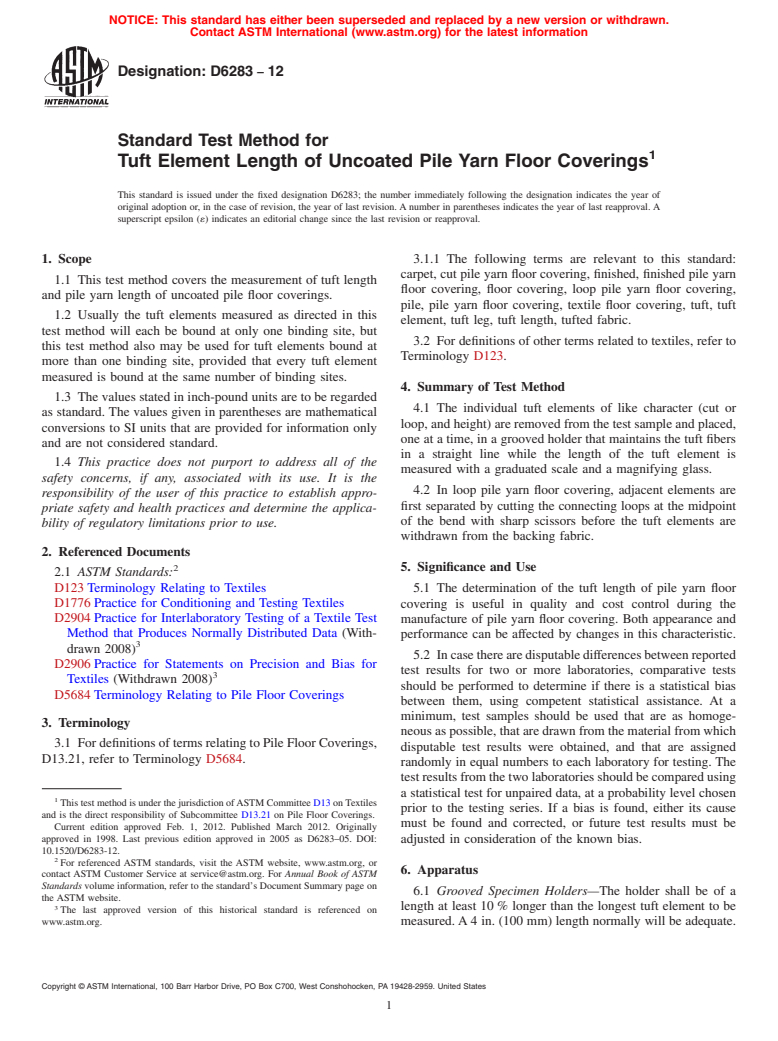 ASTM D6283-12 - Standard Test Method for Tuft Element Length of Uncoated Pile Yarn Floor Coverings