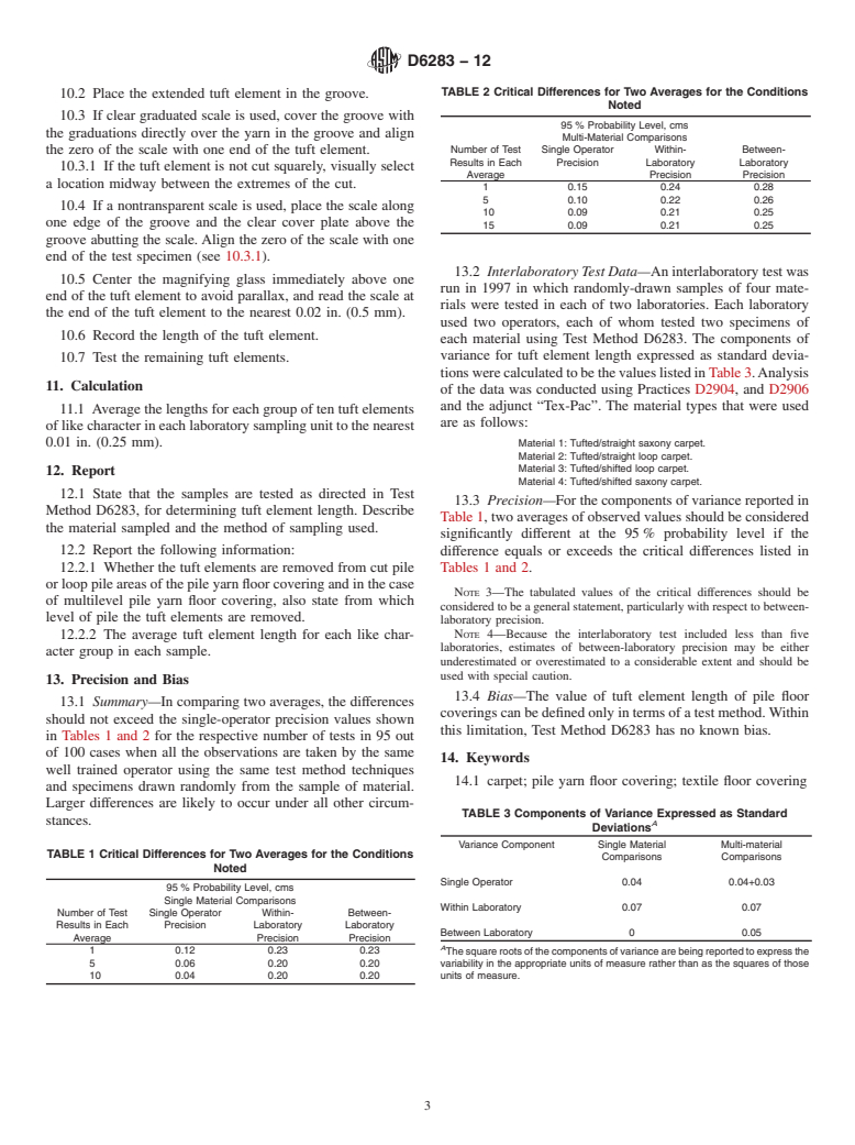 ASTM D6283-12 - Standard Test Method for Tuft Element Length of Uncoated Pile Yarn Floor Coverings