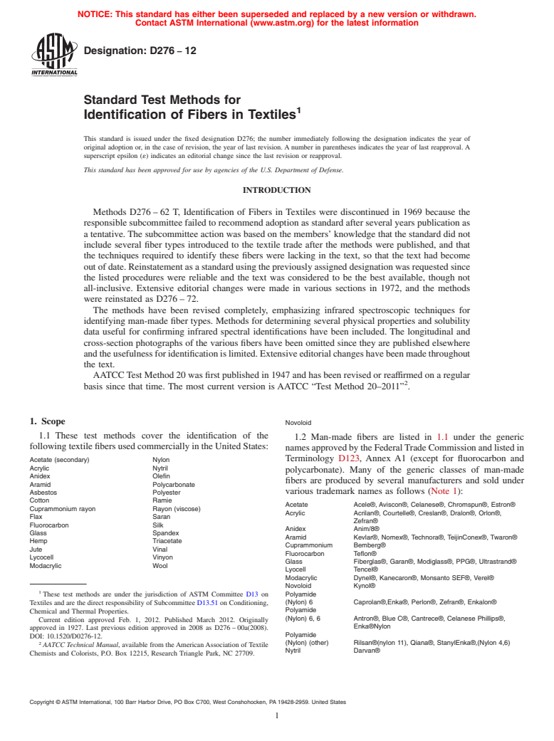 ASTM D276-12 - Standard Test Methods for  Identification of Fibers in Textiles  (Withdrawn 2021)