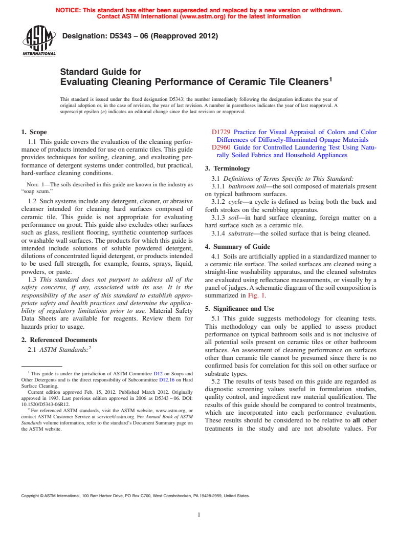 ASTM D5343-06(2012) - Standard Guide for Evaluating Cleaning Performance of Ceramic Tile Cleaners