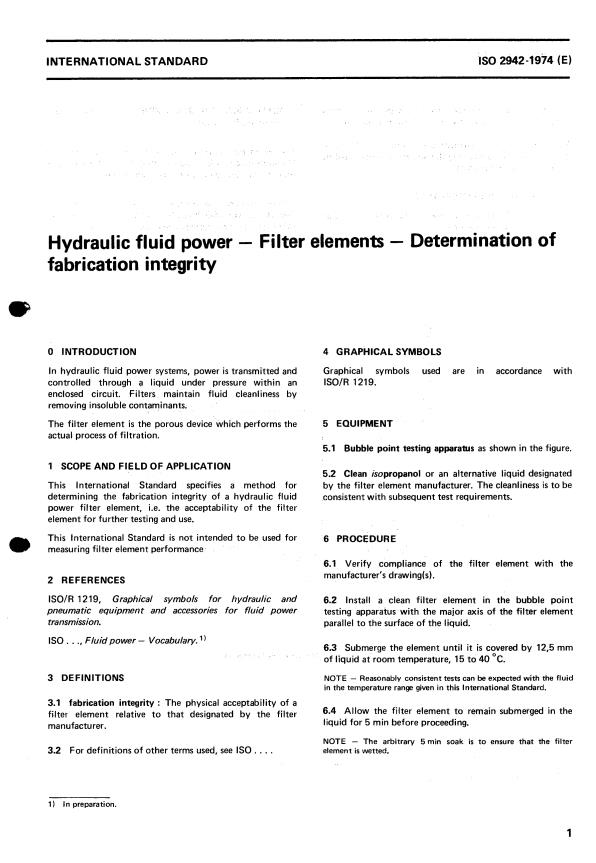 ISO 2942:1974 - Hydraulic fluid power -- Filter elements -- Determination of fabrication integrity