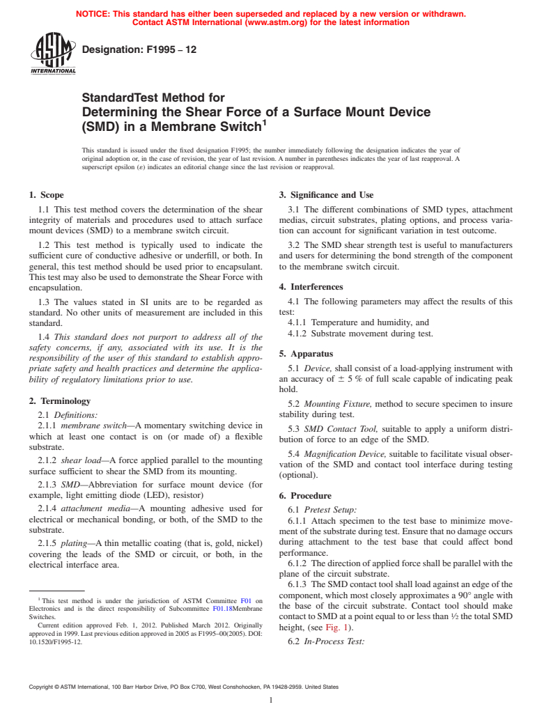 ASTM F1995-12 - Standard Test Method for Determining the Shear Force of a Surface Mount Device (SMD) in a Membrane Switch