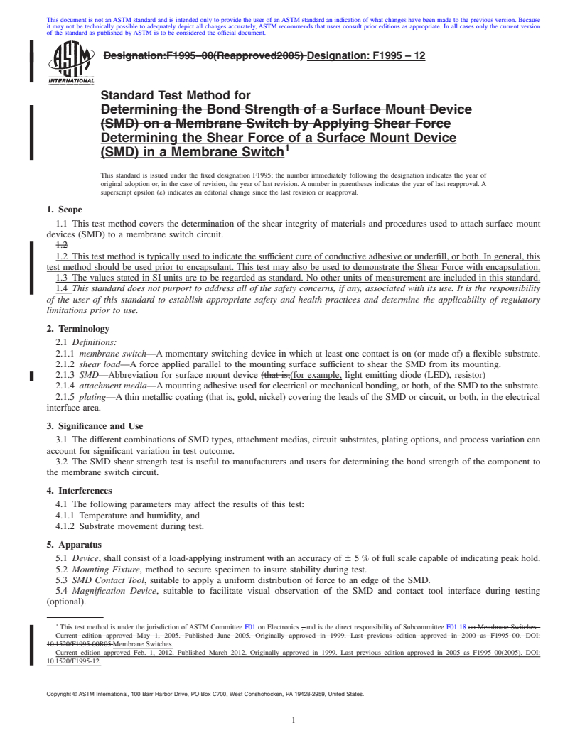 REDLINE ASTM F1995-12 - Standard Test Method for Determining the Shear Force of a Surface Mount Device (SMD) in a Membrane Switch