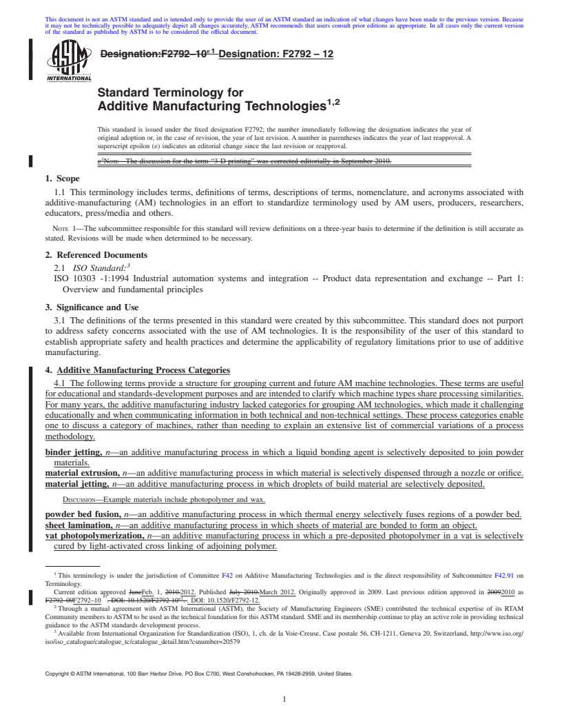 REDLINE ASTM F2792-12 - Standard Terminology for Additive Manufacturing Technologies<sup>,</sup>