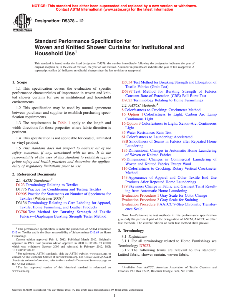 ASTM D5378-12 - Standard Performance Specification for Woven and Knitted Shower Curtains for Institutional and Household Use