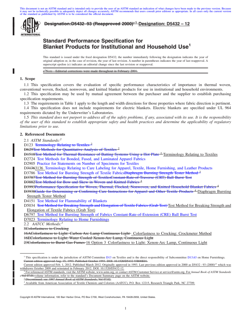 REDLINE ASTM D5432-12 - Standard Performance Specification for Blanket Products for Institutional and Household Use