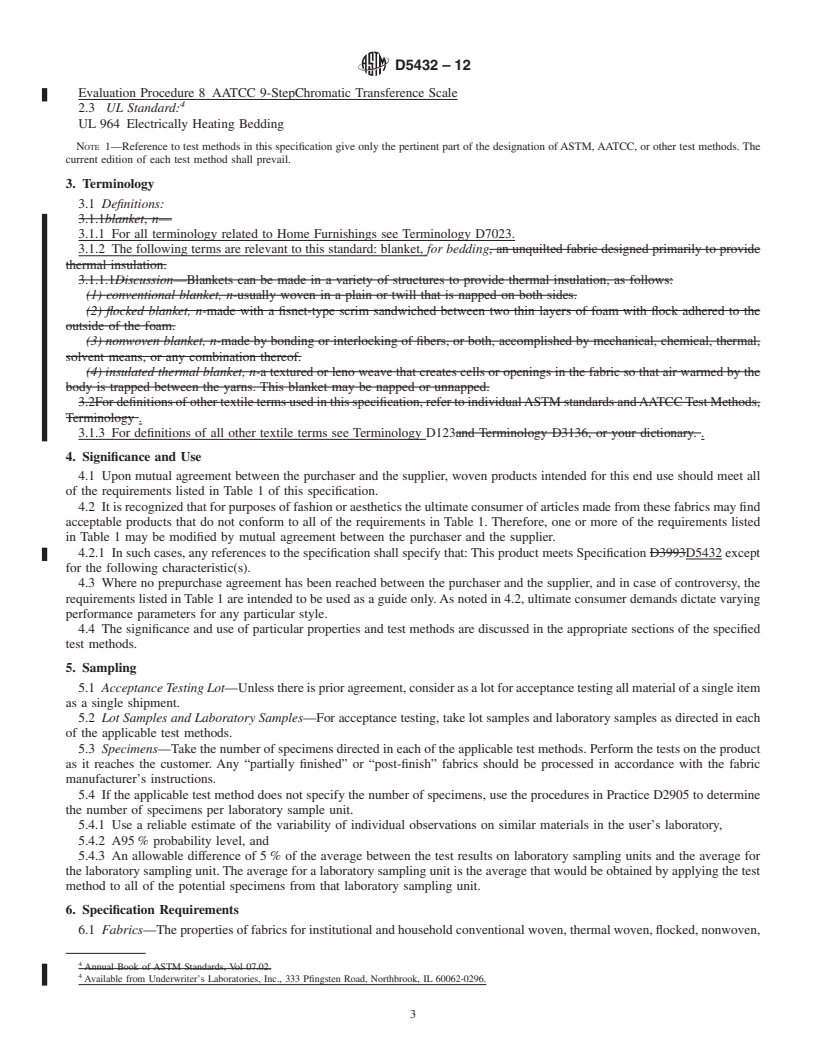 REDLINE ASTM D5432-12 - Standard Performance Specification for Blanket Products for Institutional and Household Use