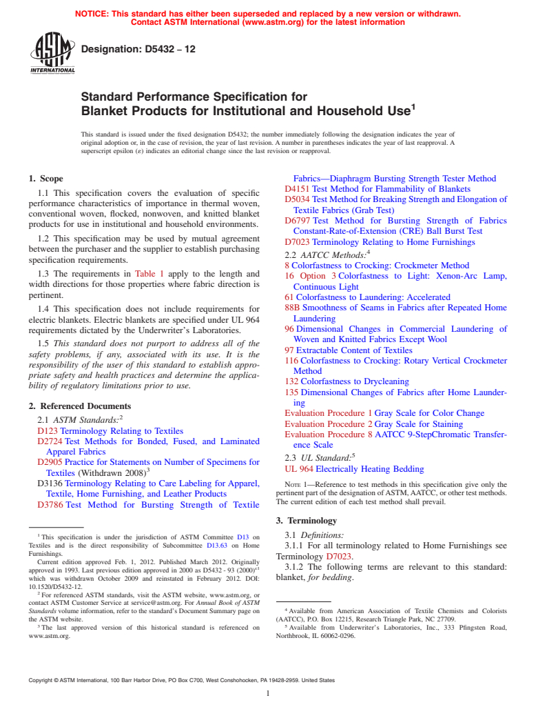 ASTM D5432-12 - Standard Performance Specification for Blanket Products for Institutional and Household Use