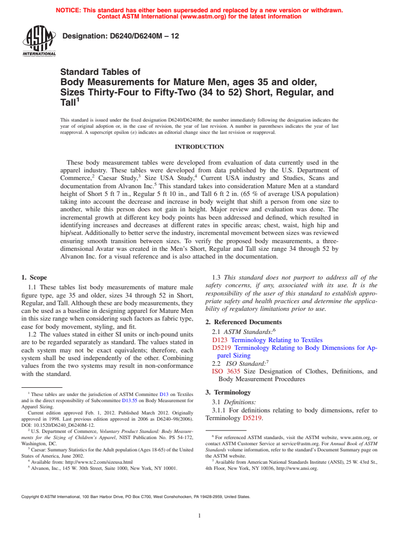 ASTM D6240/D6240M-12 - Standard Tables of Body Measurements for Mature Men, ages 35 and older, Sizes Thirty-Four to Fifty-Two (34 to 52) Short, Regular, and Tall