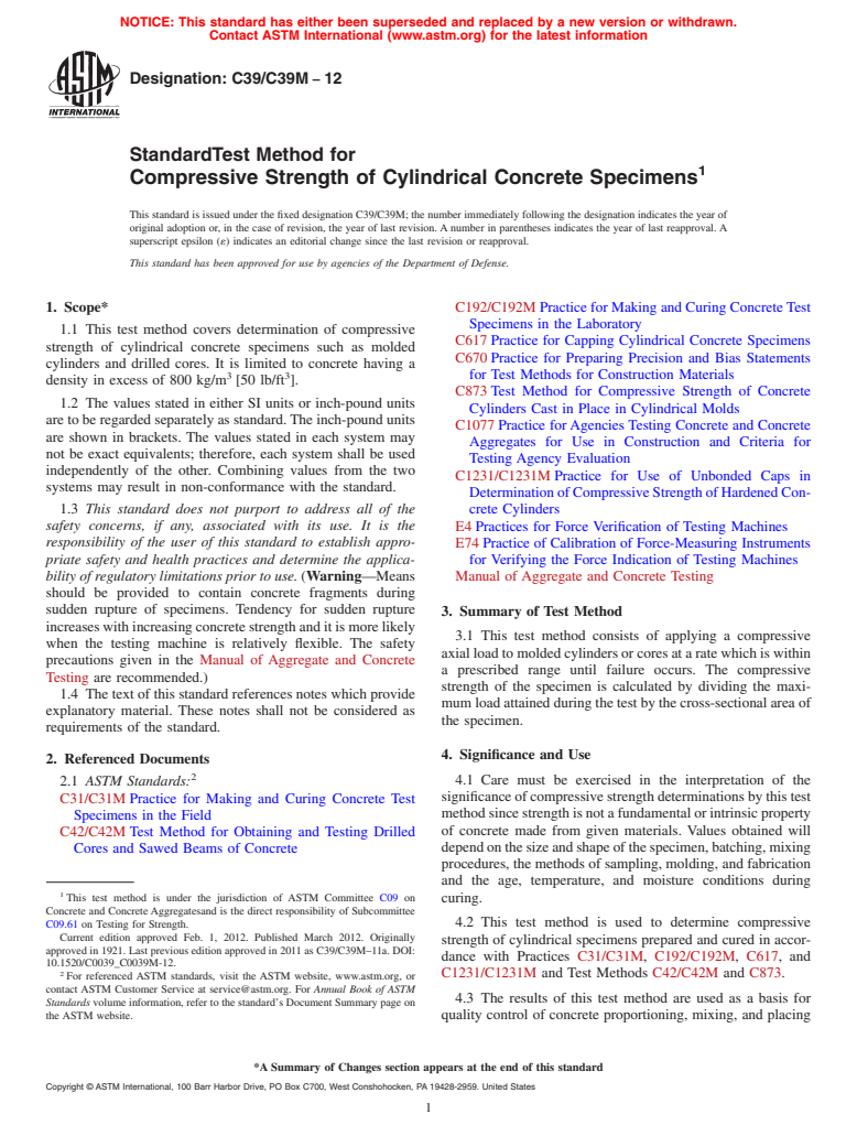 ASTM C39/C39M-12 - Standard Test Method for  Compressive Strength of Cylindrical Concrete Specimens