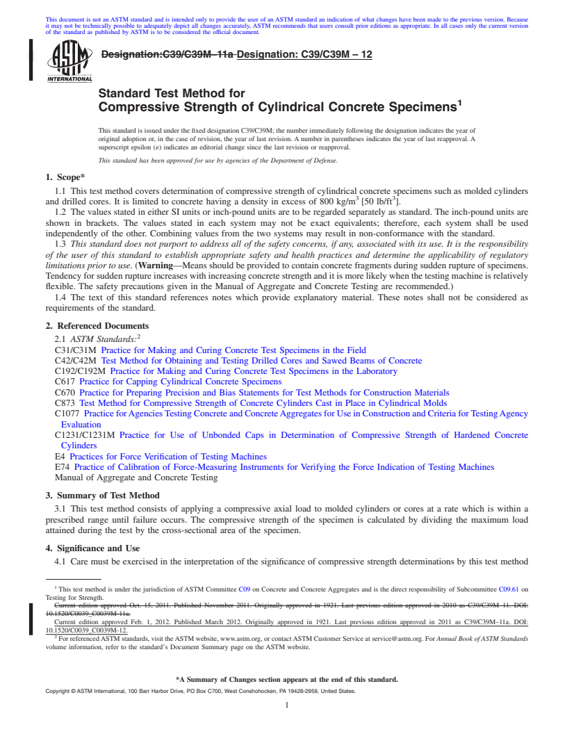 REDLINE ASTM C39/C39M-12 - Standard Test Method for  Compressive Strength of Cylindrical Concrete Specimens