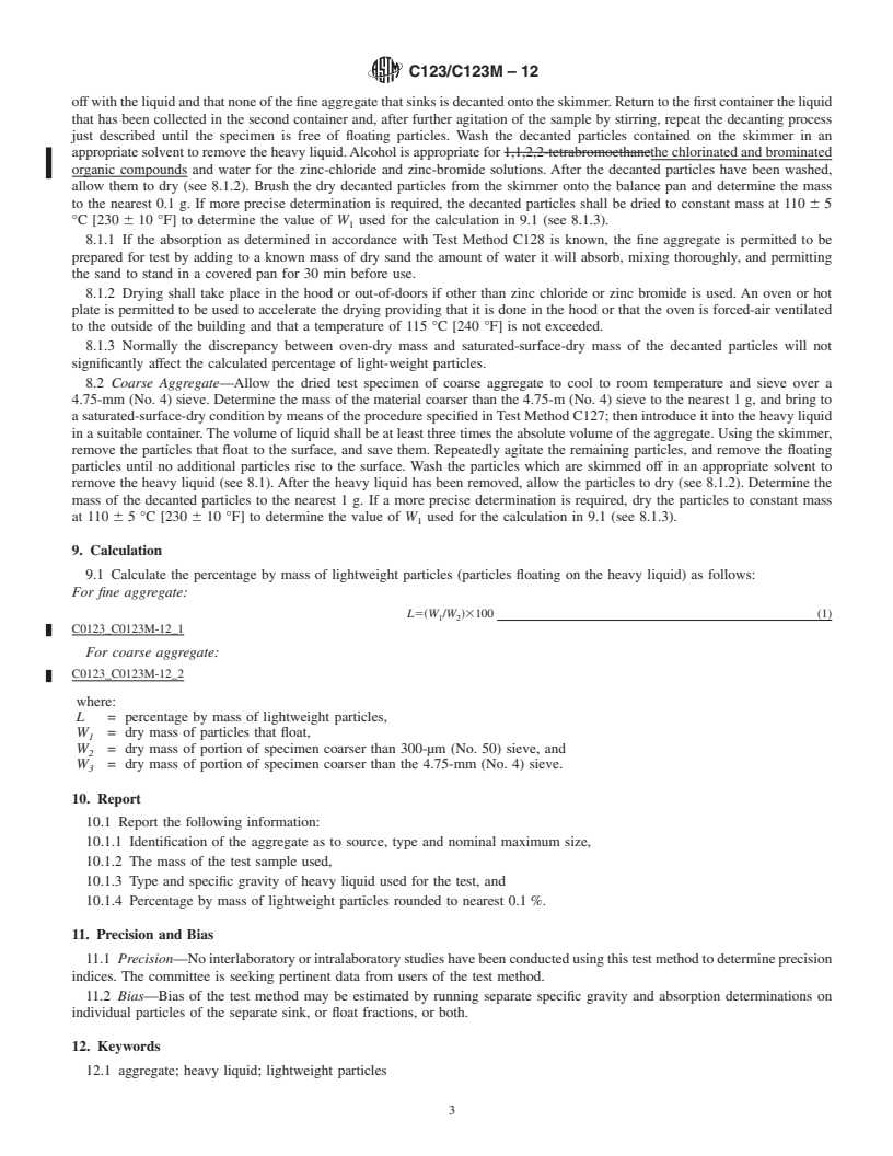 REDLINE ASTM C123/C123M-12 - Standard Test Method for  Lightweight Particles in Aggregate