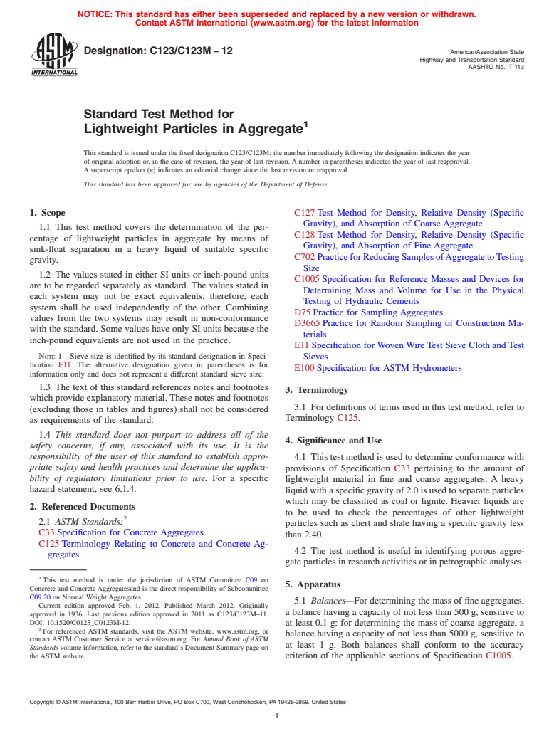 ASTM C123/C123M-12 - Standard Test Method for  Lightweight Particles in Aggregate