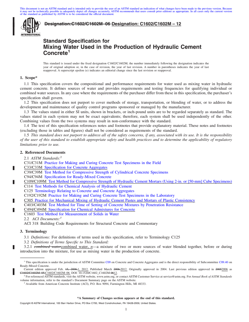 REDLINE ASTM C1602/C1602M-12 - Standard Specification for Mixing Water Used in the Production of Hydraulic Cement Concrete