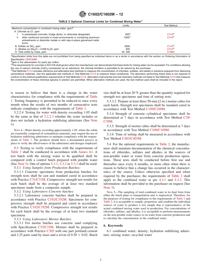 ASTM C1602/C1602M-12 - Standard Specification for Mixing Water Used in the Production of Hydraulic Cement Concrete