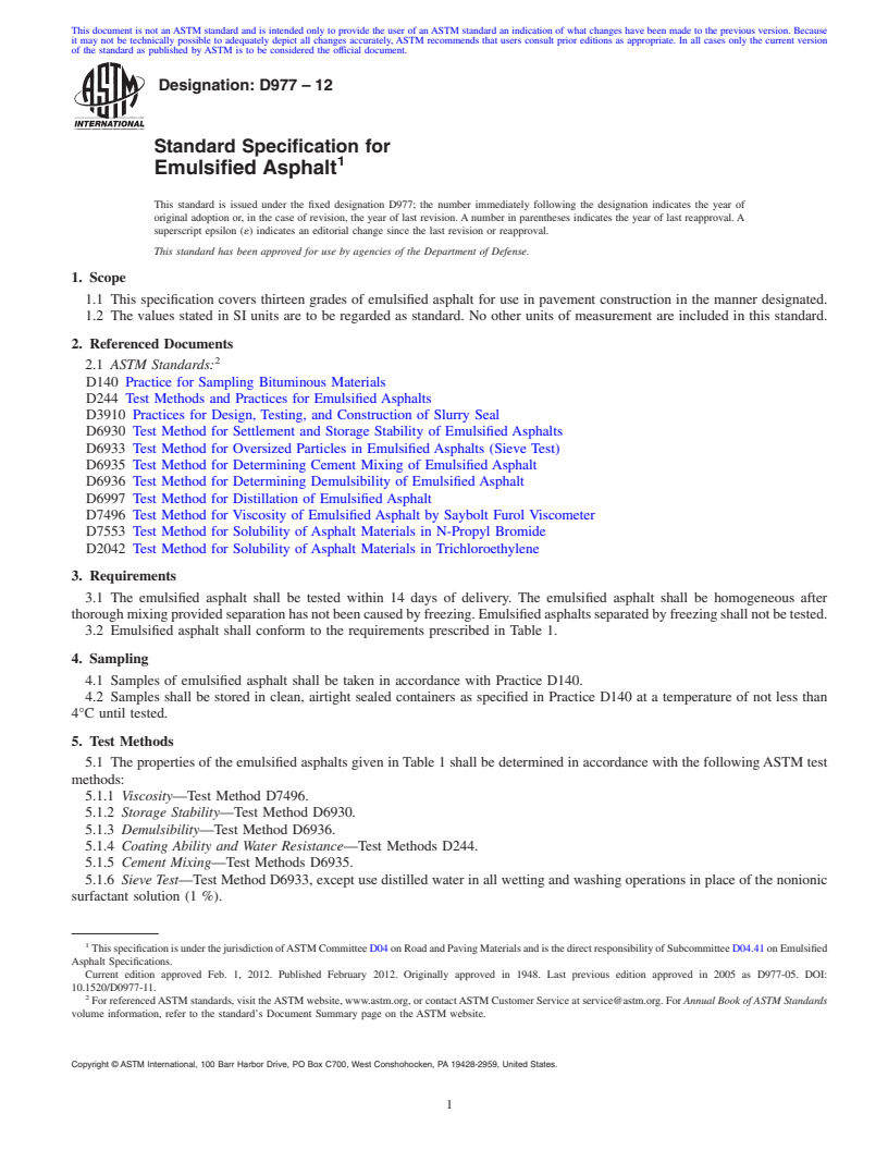 REDLINE ASTM D977-12 - Standard Specification for  Emulsified Asphalt
