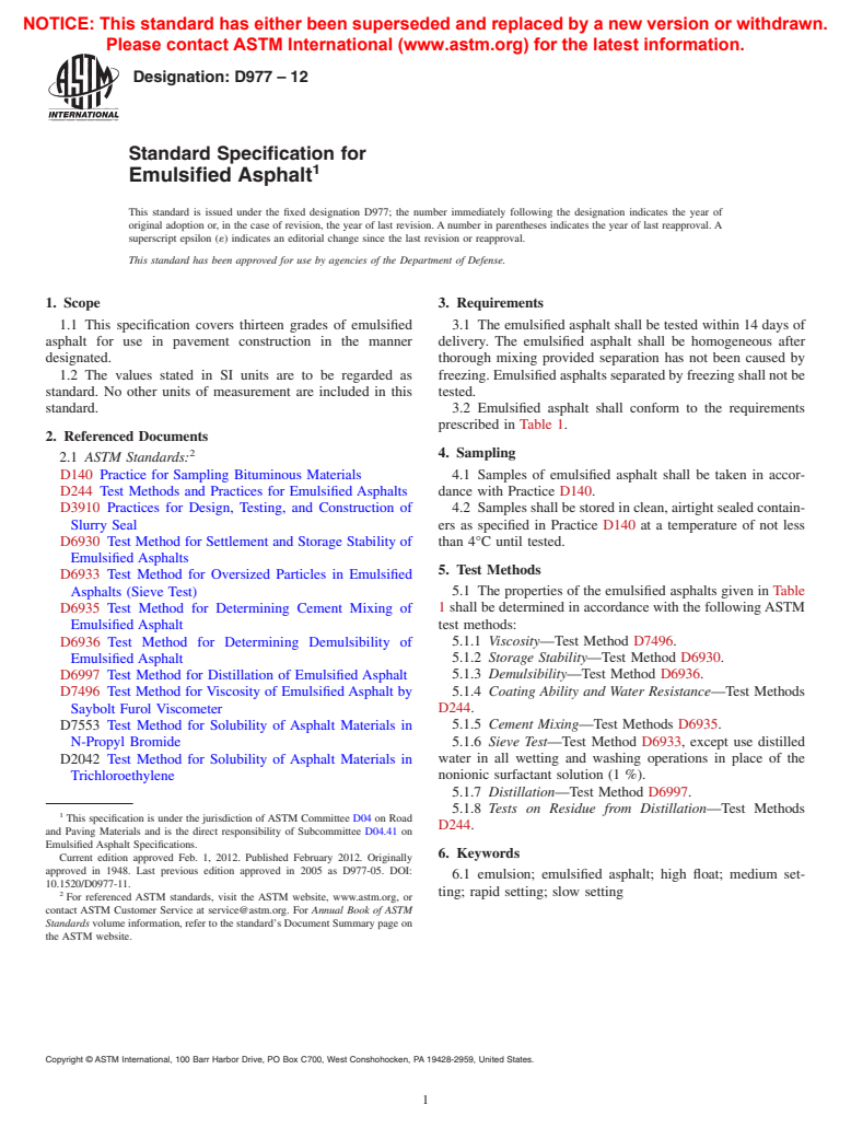 ASTM D977-12 - Standard Specification for  Emulsified Asphalt