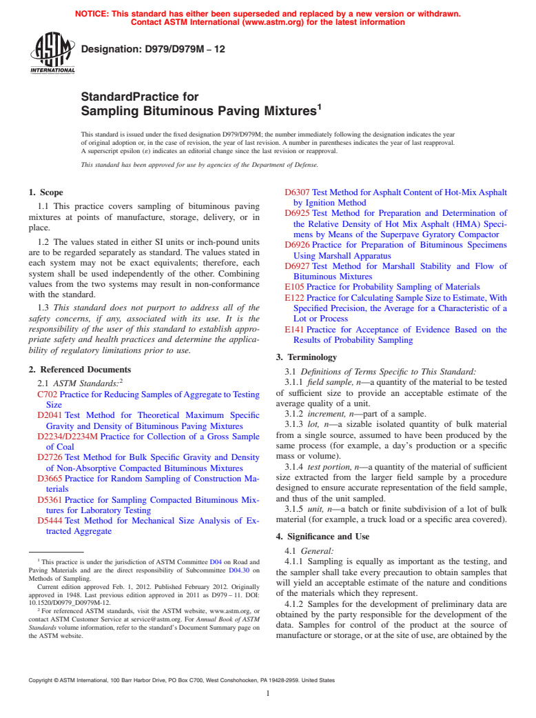 ASTM D979/D979M-12 - Standard Practice for  Sampling Bituminous Paving Mixtures