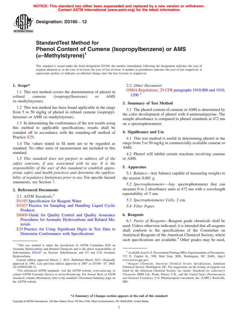 ASTM D3160-12 - Standard Test Method for Phenol Content of Cumene (Isopropylbenzene) or AMS (alpha-Methylstyrene)