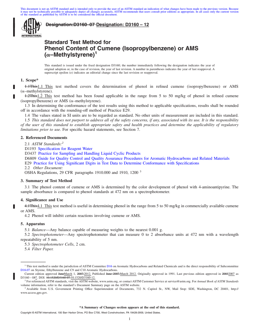 REDLINE ASTM D3160-12 - Standard Test Method for Phenol Content of Cumene (Isopropylbenzene) or AMS (alpha-Methylstyrene)