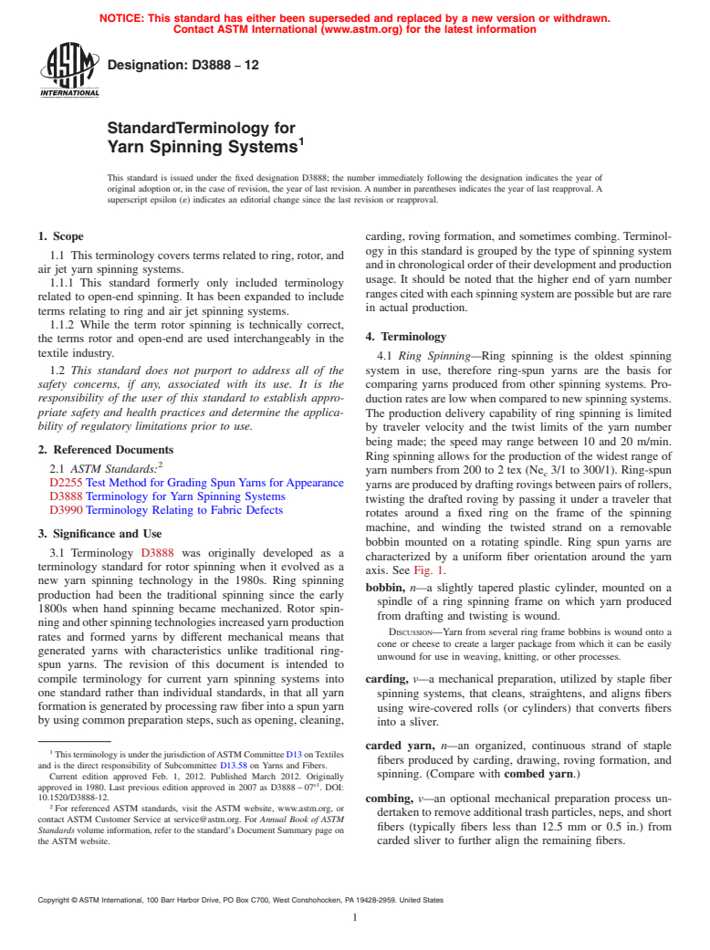 ASTM D3888-12 - Standard Terminology for Yarn Spinning Systems