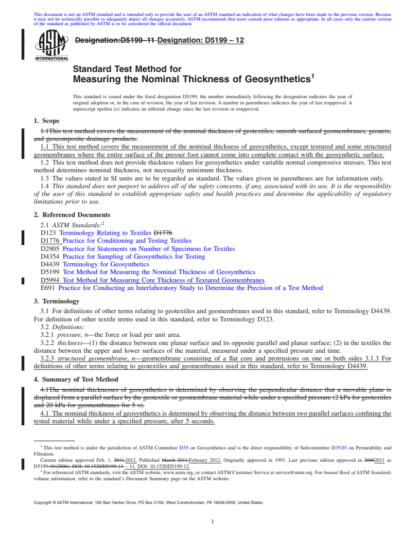 REDLINE ASTM D5199-12 - Standard Test Method for  Measuring the Nominal Thickness of Geosynthetics