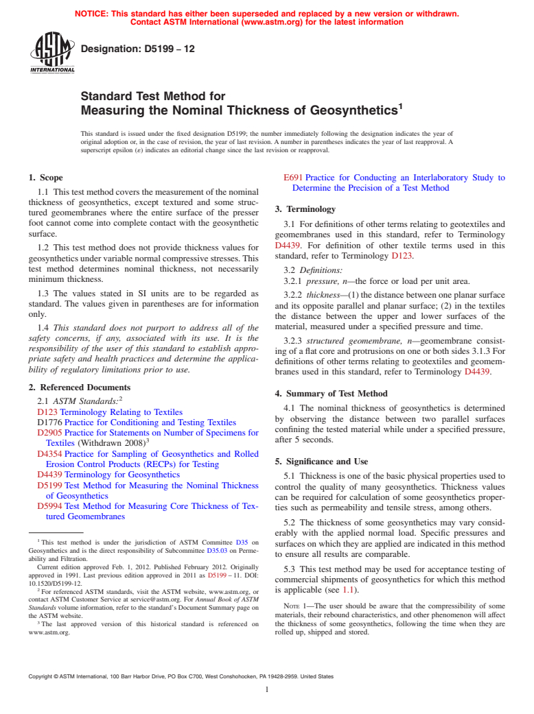 ASTM D5199-12 - Standard Test Method for  Measuring the Nominal Thickness of Geosynthetics