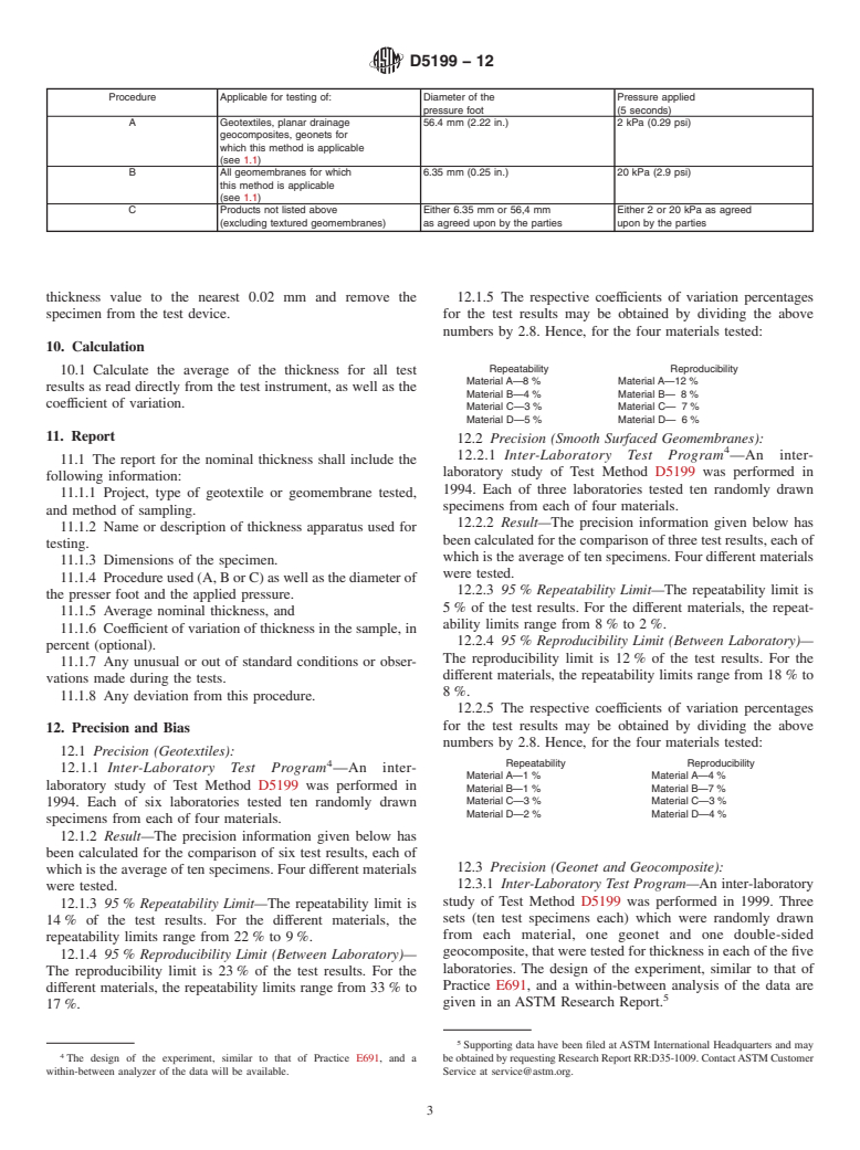 ASTM D5199-12 - Standard Test Method for  Measuring the Nominal Thickness of Geosynthetics