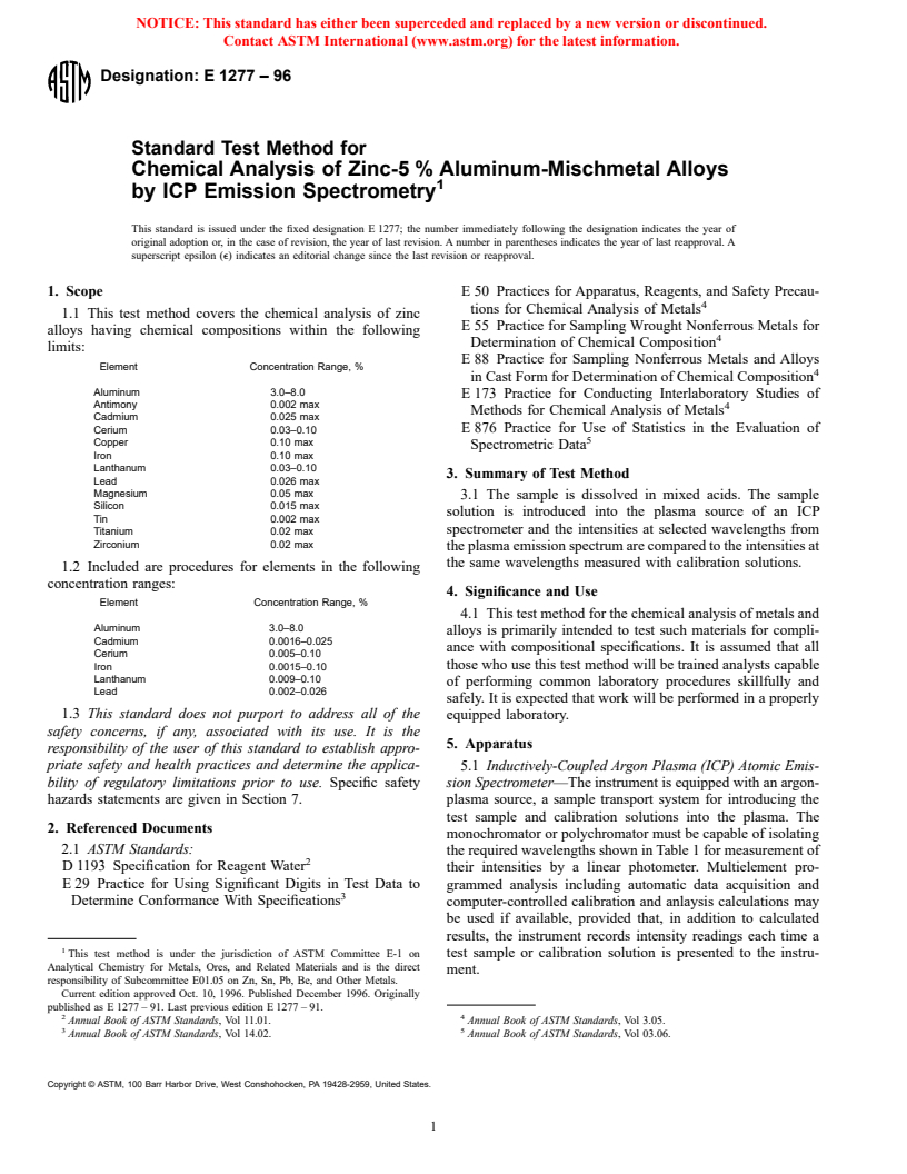 ASTM E1277-96 - Standard Test Method for Chemical Analysis of Zinc-5% Aluminum-Mischmetal Alloys by ICP Emission Spectrometry