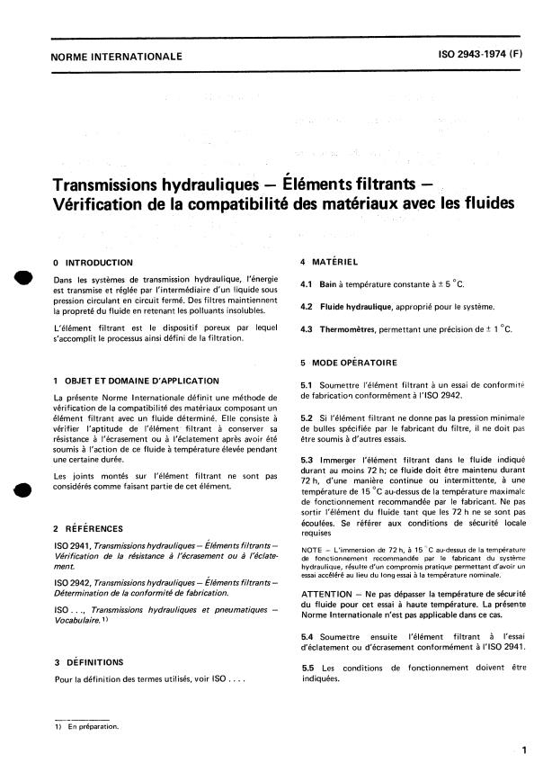 ISO 2943:1974 - Transmissions hydrauliques -- Éléments filtrants -- Vérification de la compatibilité des matériaux avec les fluides