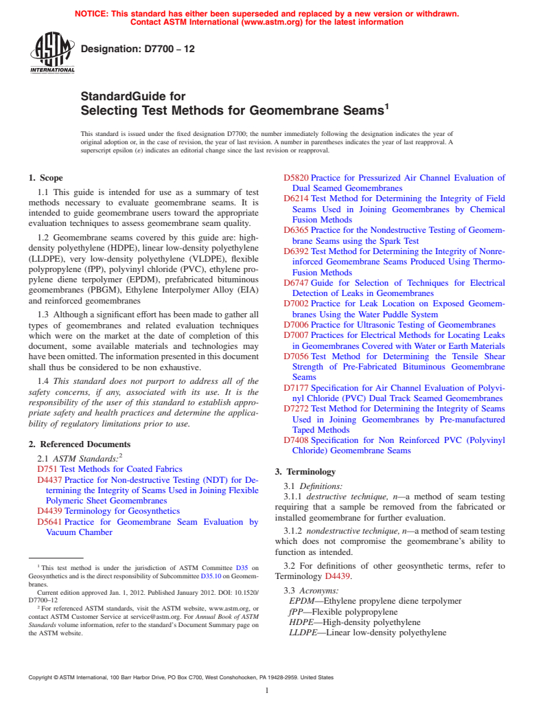 ASTM D7700-12 - Standard Guide for Selecting Test Methods for Geomembrane Seams