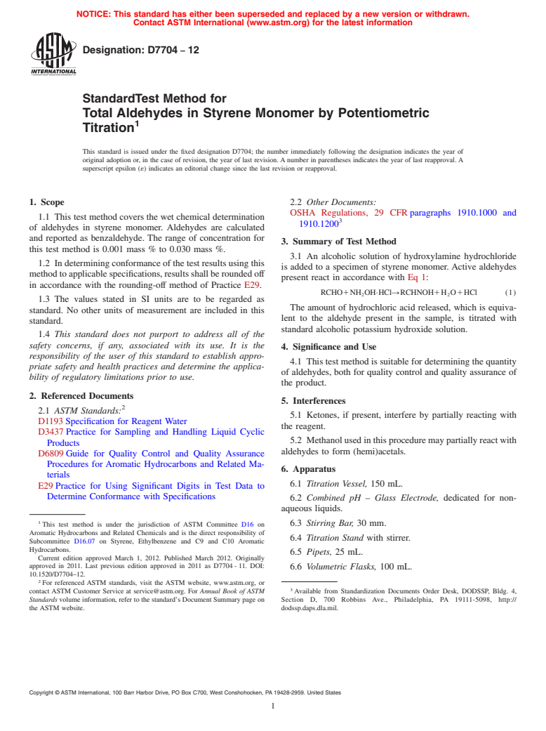 ASTM D7704-12 - Standard Test Method for Total Aldehydes in Styrene Monomer by Potentiometric Titration