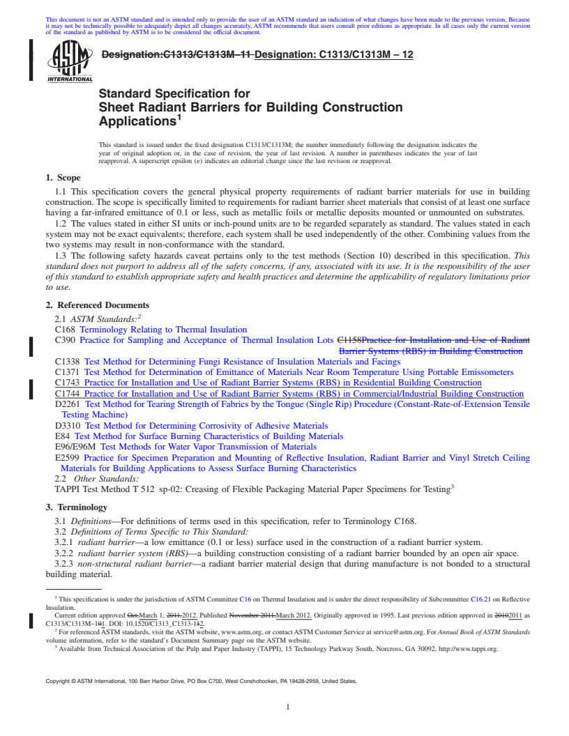REDLINE ASTM C1313/C1313M-12 - Standard Specification for  Sheet Radiant Barriers for Building Construction Applications