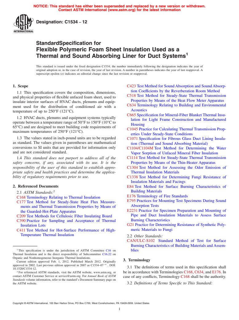 ASTM C1534-12 - Standard Specification for Flexible Polymeric Foam Sheet Insulation Used as a Thermal and Sound Absorbing Liner for Duct Systems