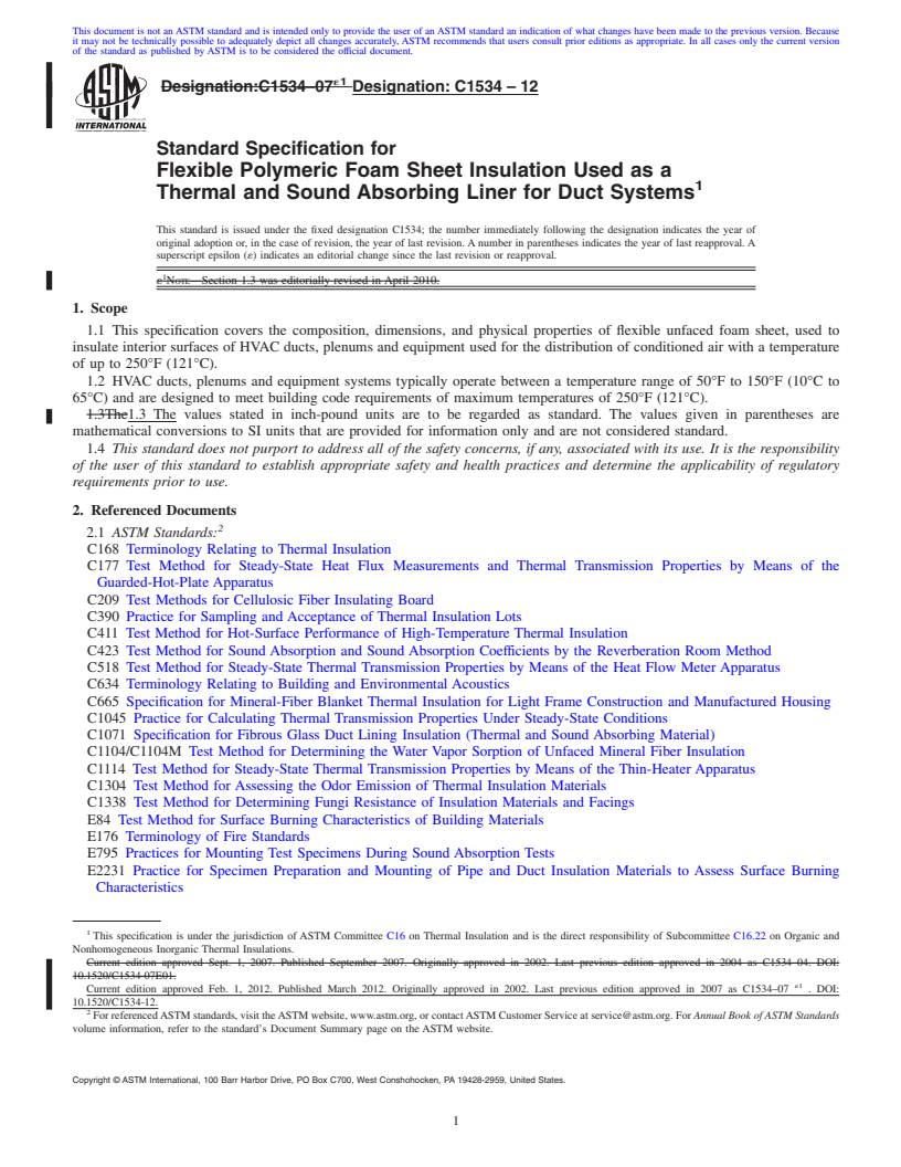 REDLINE ASTM C1534-12 - Standard Specification for Flexible Polymeric Foam Sheet Insulation Used as a Thermal and Sound Absorbing Liner for Duct Systems