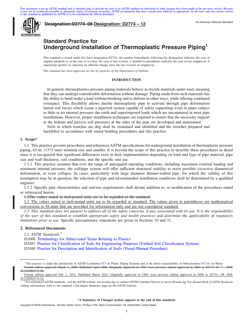 REDLINE ASTM D2774-12 - Standard Practice for Underground Installation of Thermoplastic Pressure Piping