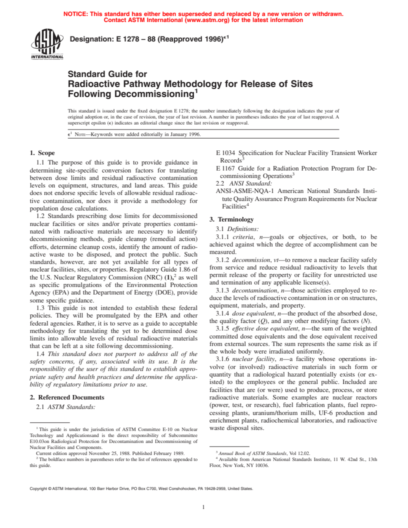 ASTM E1278-88(1996)e1 - Standard Guide for Radioactive Pathway Methodology for Release of Sites Following Decommissioning (Withdrawn 2005)