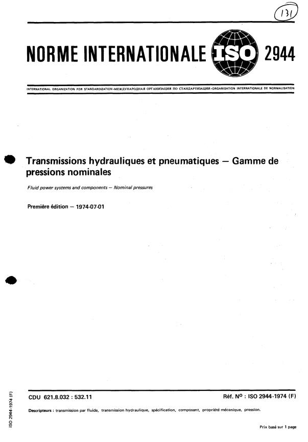 ISO 2944:1974 - Transmissions hydrauliques et pneumatiques -- Gamme de pressions nominales
