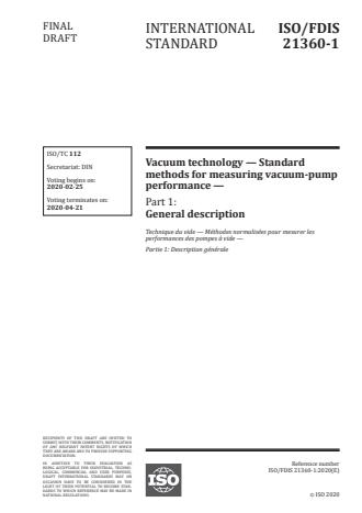 ISO 21360-1:2020 - Vacuum technology -- Standard methods for measuring vacuum-pump performance