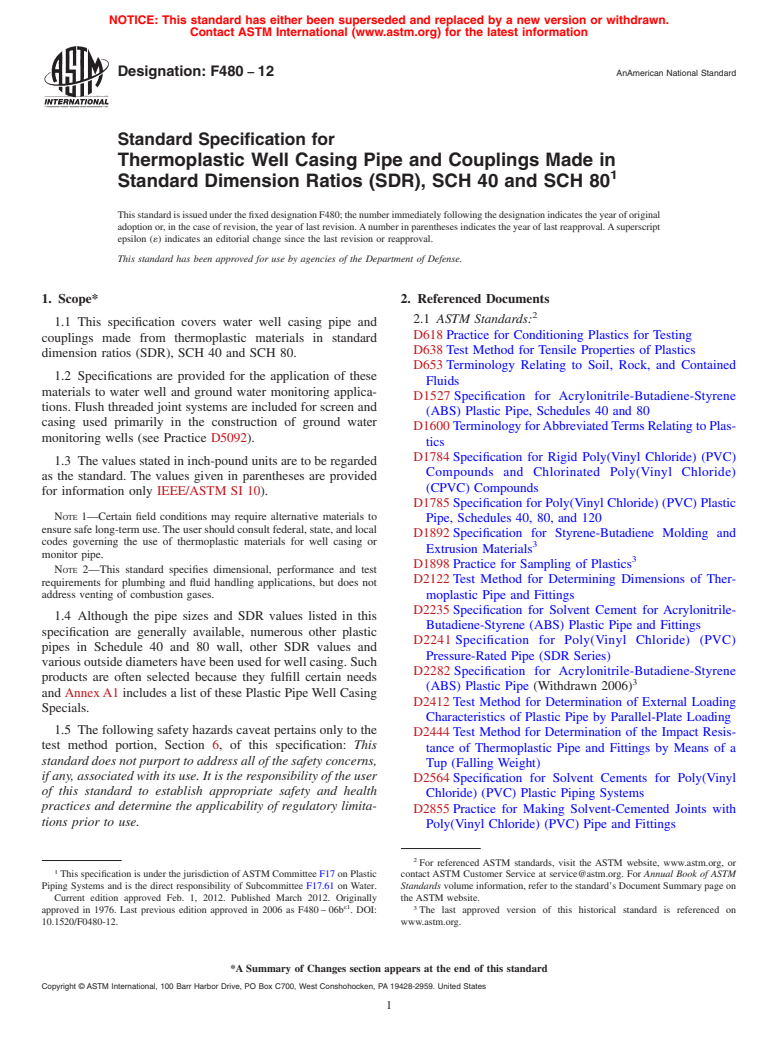 ASTM F480-12 - Standard Specification for Thermoplastic Well Casing Pipe and Couplings Made in Standard Dimension Ratios (SDR), SCH 40 and SCH 80