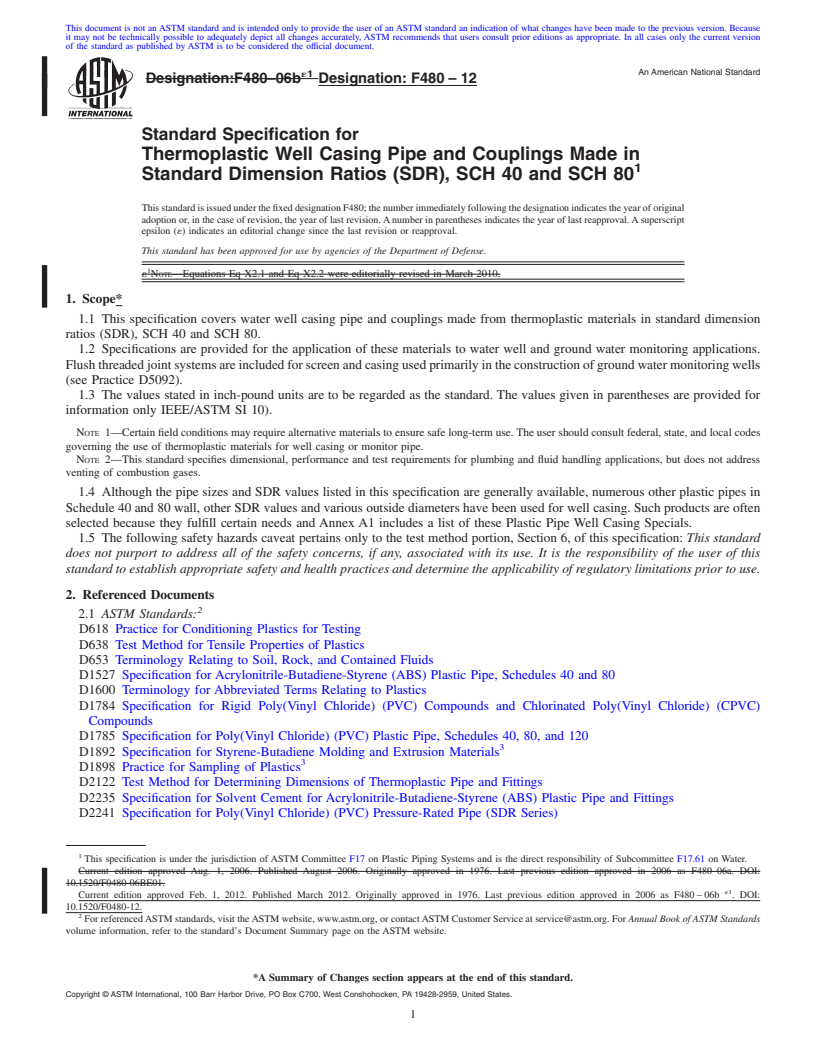 REDLINE ASTM F480-12 - Standard Specification for Thermoplastic Well Casing Pipe and Couplings Made in Standard Dimension Ratios (SDR), SCH 40 and SCH 80