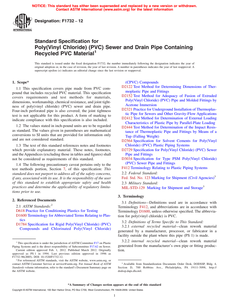 ASTM F1732-12 - Standard Specification for  Poly(Vinyl Chloride) (PVC) Sewer and Drain Pipe Containing Recycled PVC Material