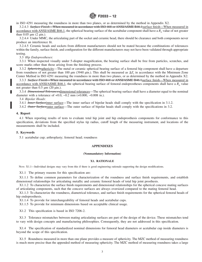 REDLINE ASTM F2033-12 - Standard Specification for Total Hip Joint Prosthesis and Hip Endoprosthesis Bearing Surfaces Made of Metallic, Ceramic, and Polymeric Materials