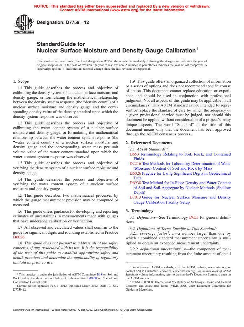 ASTM D7759-12 - Standard Guide for Nuclear Surface Moisture and Density Gauge Calibration