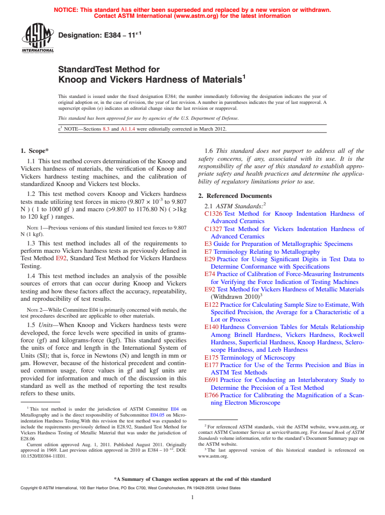 ASTM E384-11e1 - Standard Test Method for Knoop and Vickers Hardness of Materials