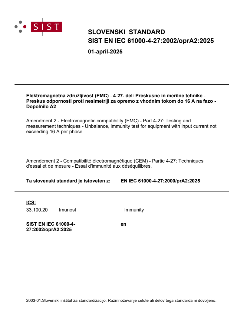 EN IEC 61000-4-27:2002/oprA2:2025 - BARVE