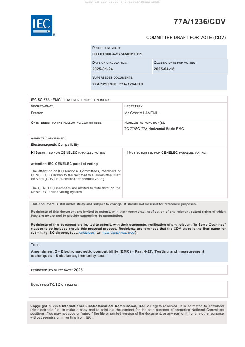 EN IEC 61000-4-27:2002/oprA2:2025 - BARVE