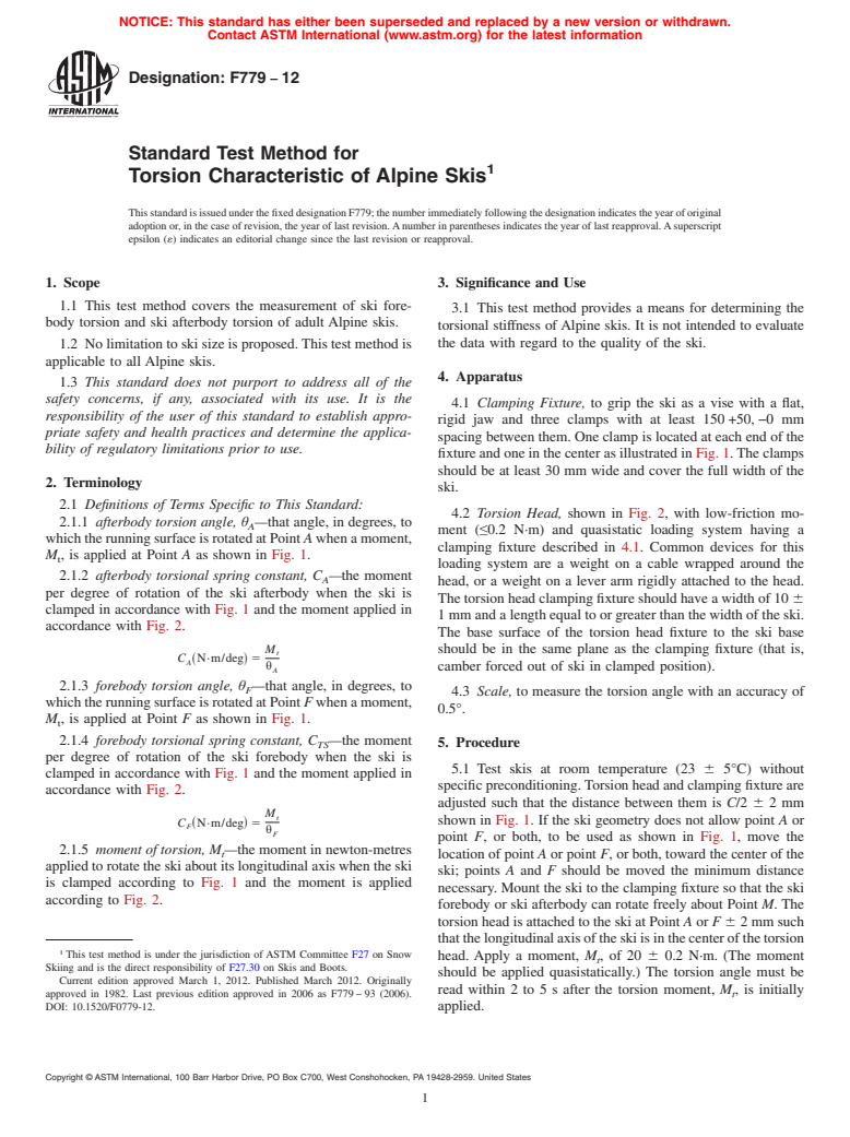 ASTM F779-12 - Standard Test Method for  Torsion Characteristic of Alpine Skis