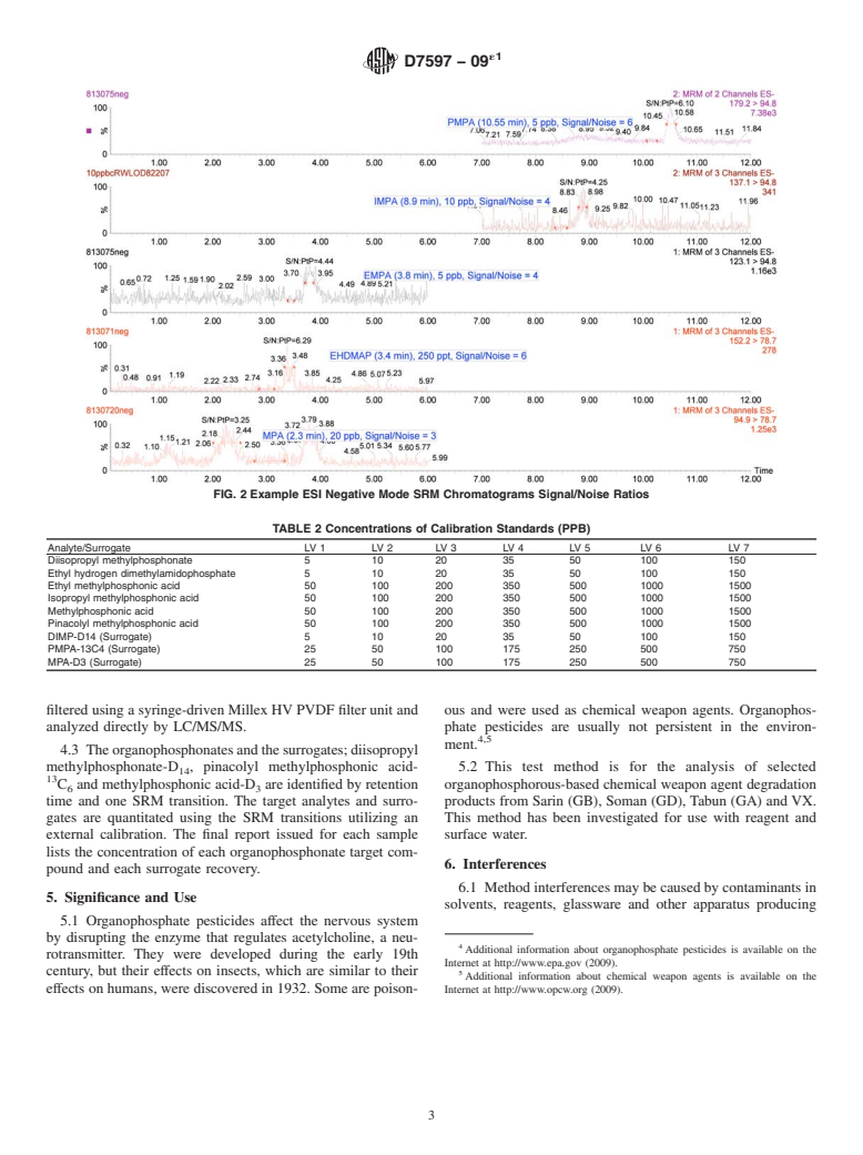 ASTM D7597-09e1 - Standard Test Method for Determination of Diisopropyl Methylphosphonate, Ethyl Hydrogen Dimethylamidophosphate, Ethyl Methylphosphonic Acid, Isopropyl Methylphosphonic Acid, Methylphosphonic Acid and Pinacolyl Methylphosphonic Acid in Water by Liquid Chro