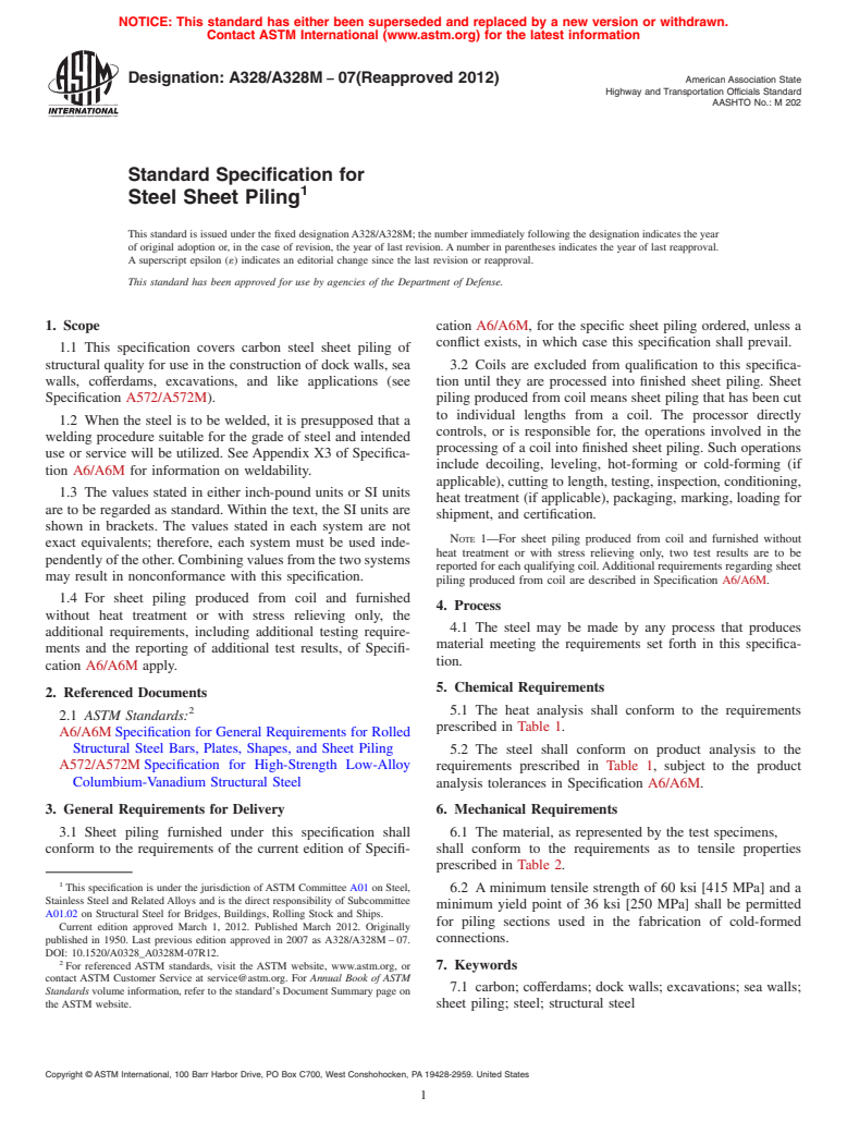 ASTM A328/A328M-07(2012) - Standard Specification for  Steel Sheet Piling